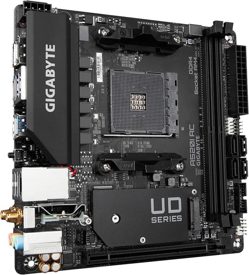 Gigabyte A520I AC (AMD Ryzen AM4/Mini-ITX/Direct 6 Phases Digital PWM with 55A DrMOS/Gaming GbE LAN/Intel WiFi+Bluetooth/NVMe PCIe 3.0 x4 M.2/3 Display Interfaces/Q-Flash Plus/Motherboard)