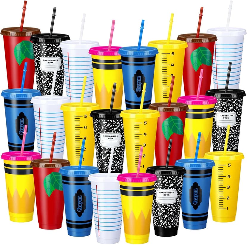 Rtteri 24 Pcs Back to School Reusable Plastic Coffee Cups in Bulk 24 oz Reusable Teacher Appreciation Cups Tumbler with Lids and Straws First Day of School Party Favors Gift for Classroom Supplies