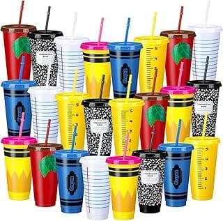Rtteri 24 Pcs Back to School Reusable Plastic Coffee Cups in Bulk 24 oz Reusable Teacher Appreciation Cups Tumbler with Lids and Straws First Day of School Party Favors Gift for Classroom Supplies