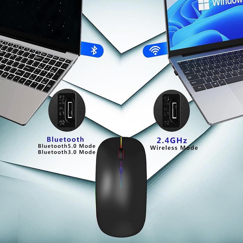 Wireless Bluetooth Mouse Rechargeable Laptop Mice with LED Lights Silent Slim Use(BT5.2 and 2.4G Portable USB) Dual Mode Computer Mouse for Laptop/iPad/Tablet/Apple/Computer/Mac (Black)