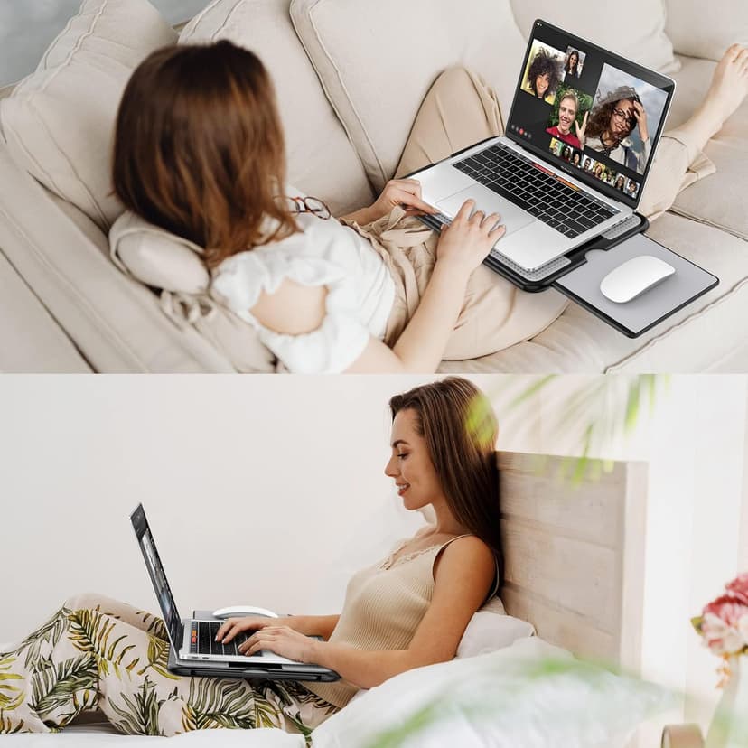 AboveTEK Portable Laptop Lap Desk w/ Retractable Left/Right Mouse Pad Tray, Non-Slip Heat Shield Tablet Notebook Computer Stand Table w/ Sturdy Stable Work Surface for Bed Sofa Couch or Travel