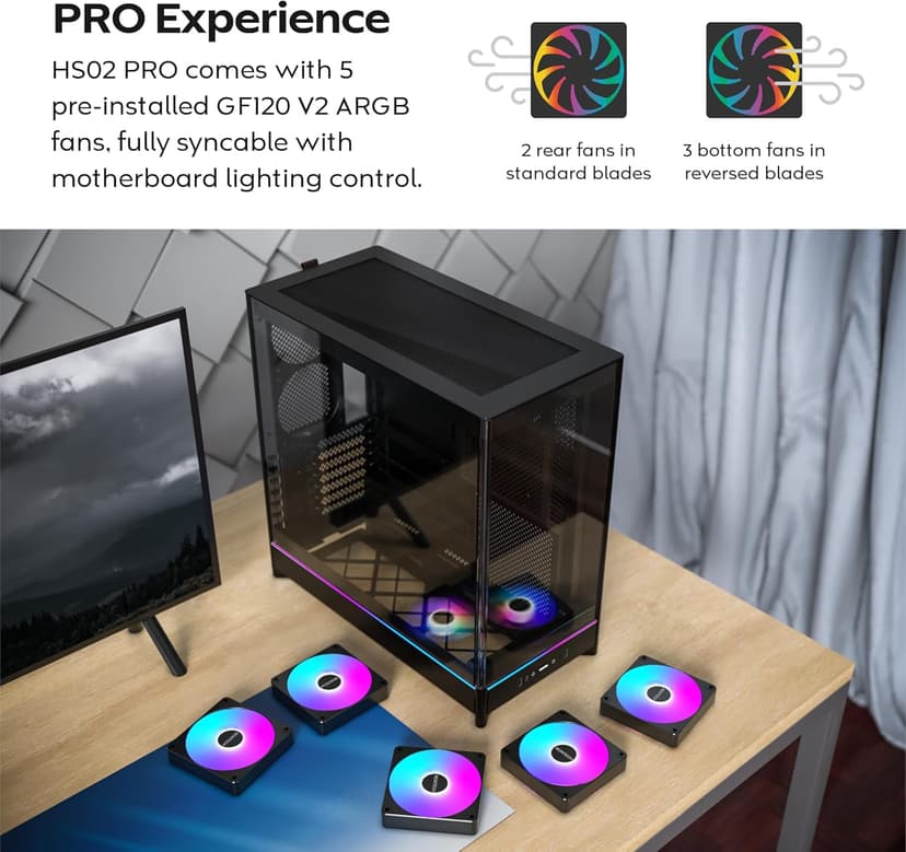 MONTECH HS02 PRO, ATX Mid-Tower PC Case, Gaming PC, High-Airflow, Reversible Layout, Sturdy Curved Tempered Glass Front Panel, 5x ARGB PWM Fan Pre-Installed, Sink-in Design, Toolless Panels, Black, US