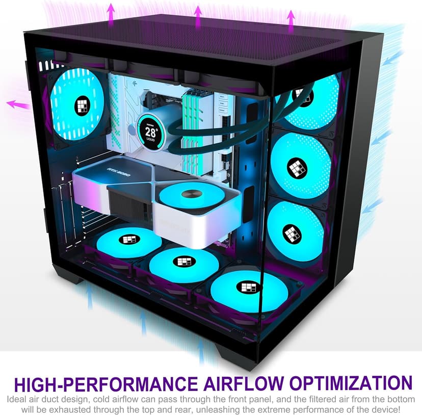 F600 PC Case - Pre-Installed 7 PWM ARGB Fan, ATX Mid-Tower Gaming PC Case, 270° Panoramic Glass with Type-C, FOIFKIN (Black, F600)