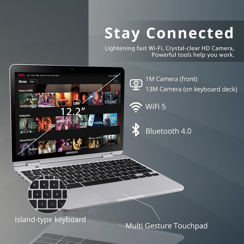 Samsung Chromebook Plus V2 2-in-1 12.2" WUXGA LED Touchscreen Laptop, Intel Celeron 3965Y, 4GB RAM, 64GB eMMC, 2 Cameras, Stylus Pen, Island-Type KB, Wi-Fi 5, Chrome OS, Silver(Renewed)