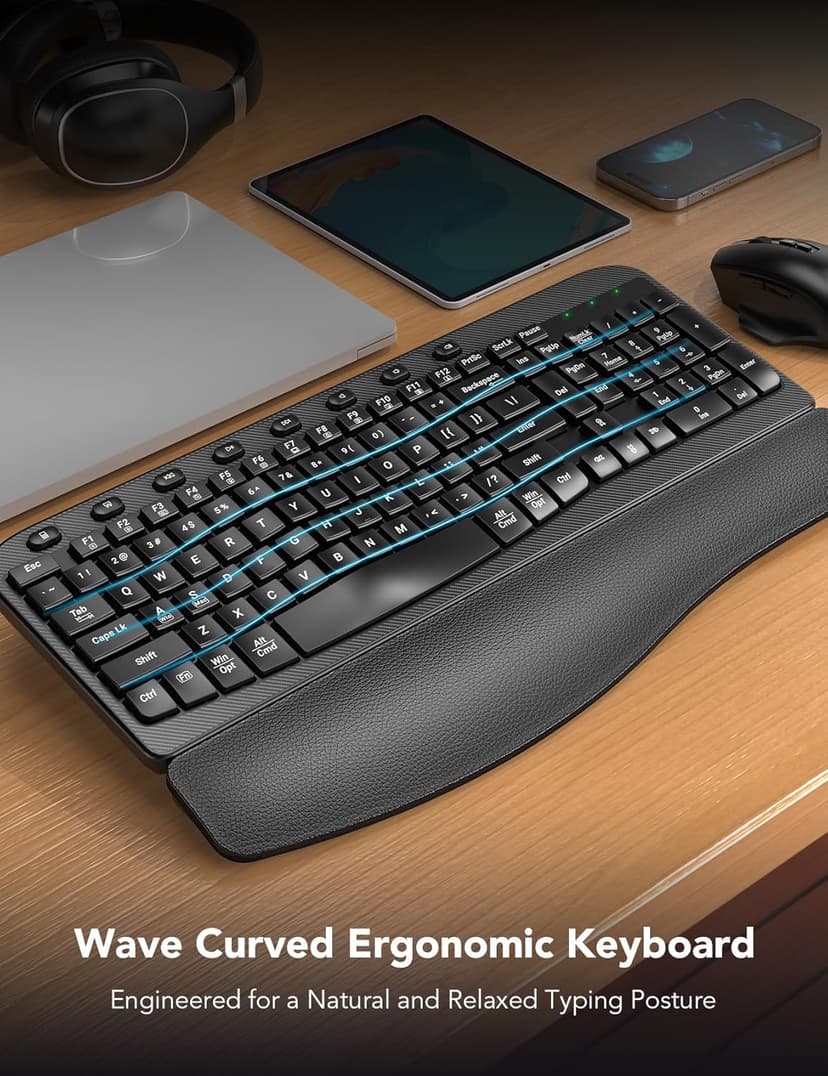 Wireless Keyboard and Mouse Combo, Ergonomic Wave Keys, Cushioned Plam Rest, Comfortable Silent Natural Typing, 2.4G Lag-Free, Full Size Keyboards Cordless Set for Multi-OS, Windows/Mac -SABLUTE