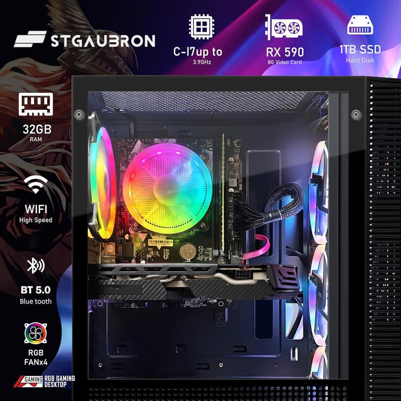 STGAubron Gaming PC Computer Desktop, Intel Core i7 up to 3.9G, Radeon RX 590 8G, 32G RAM, 1T SSD, 600M WiFi, BT 5.0, RGB Fan x 4, Windows 10 Home