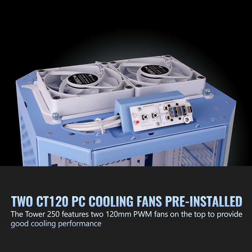 Thermaltake Tower 250 Hydrangea Blue Mini-ITX Mini Tower; 2x120mm CT Fans Included; 360mm Radiator Support; 360mm GPU Clearance; Dual Chamber; CA-1Z9-00SFWN-00