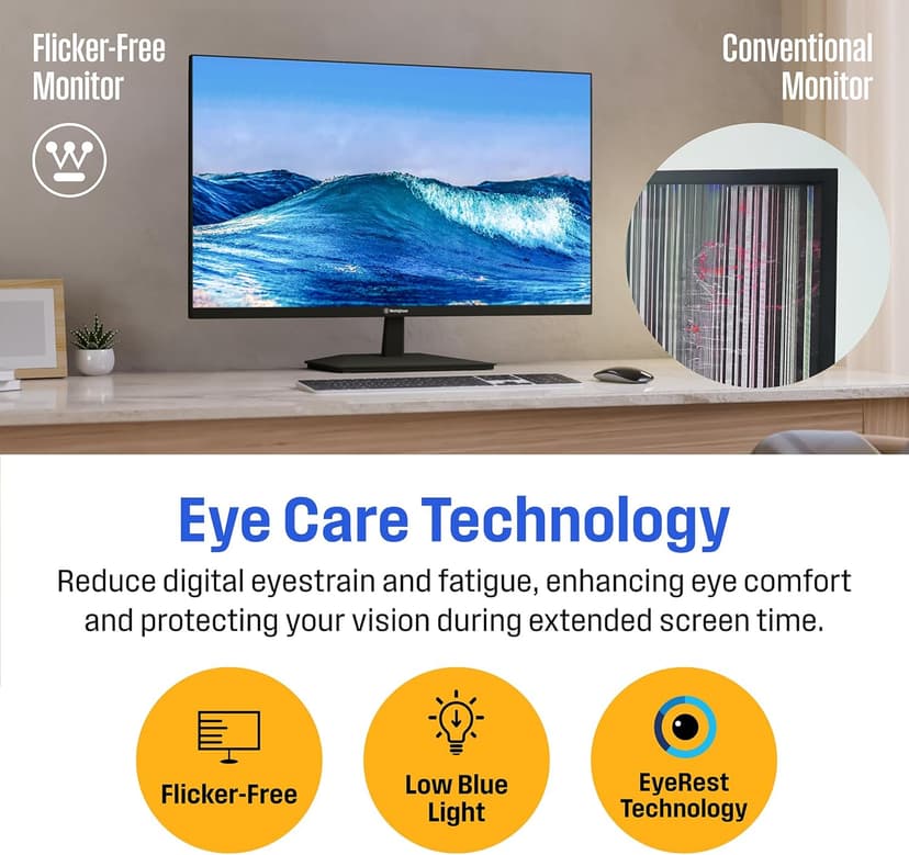 Westinghouse 24 Inch Computer Monitor, 100Hz, 1080p Full HD IPS Display, Adaptive Sync, Blue Light Protection, Home Office PC Screen with Built in Speakers, HDMI, VGA, for Work & Productivity