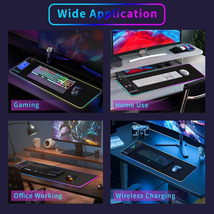 RGB Gaming Mouse Pad with Wireless Charging 15W, Large Desk Mat 800x300x4mm, 10 Light Modes Keyboard Pad with Non-Slip Rubber Base, Waterproof Mousepad for Gaming PC MacBook Laptop