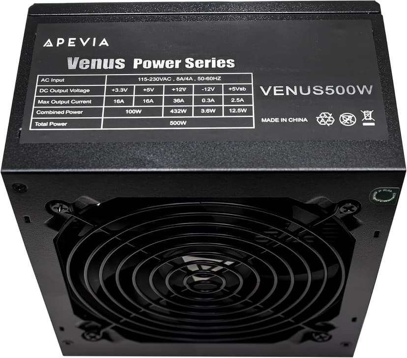 APEVIA VENUS500W Venus 500W ATX Power Supply with Auto-Thermally Controlled 120mm Fan, 115/230V Switch, All Protections