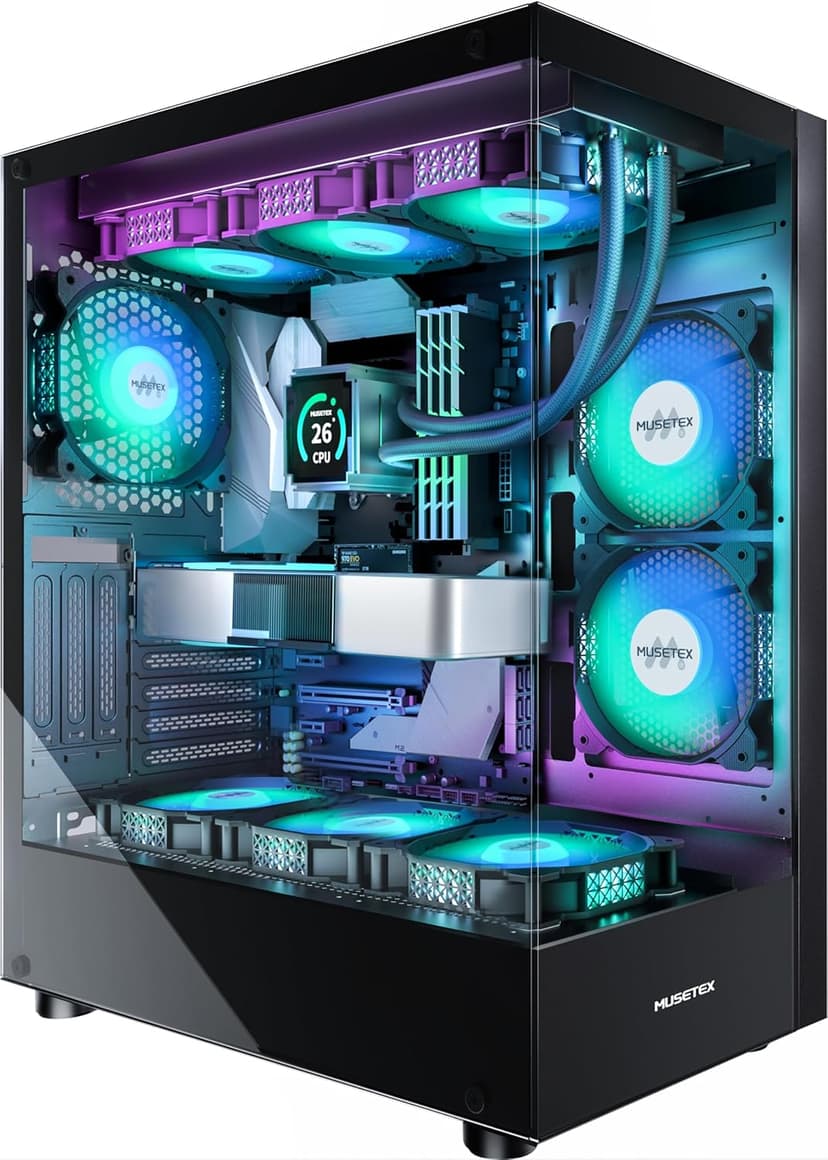 MUSETEX PC CASE ATX 6 PWM ARGB Fans Pre-Installed, Type-C Mid Tower Computer Case with Full-View Dual Tempered Glass, Gaming PC Case,Black(K2)