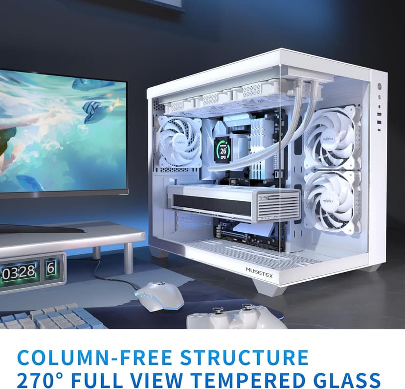 MUSETEX ATX PC Case, 360MM RAD Support, 3 x 120mm Non-ARGB Fans Pre-Installed, 270° Full View Tempered Glass Gaming PC Case with Type-C, Mid Tower ATX Computer Case, White, Y6