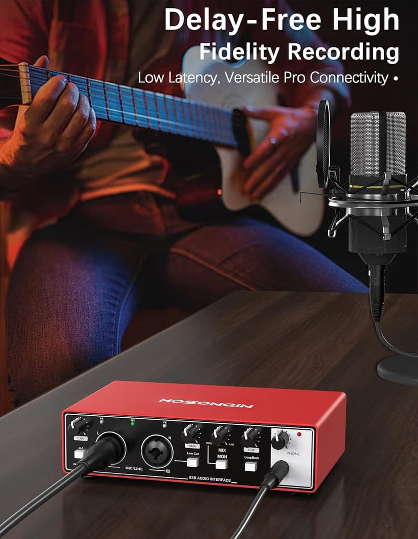 HOSONGIN 2i2 USB Audio Interface for Beginners - 24Bit/192kHz, 48V Phantom Power, Plug & Play Recording for Podcast/Vocals/Guitar/Youtube, PC/Mac/iOS Compatible (Red Metal)
