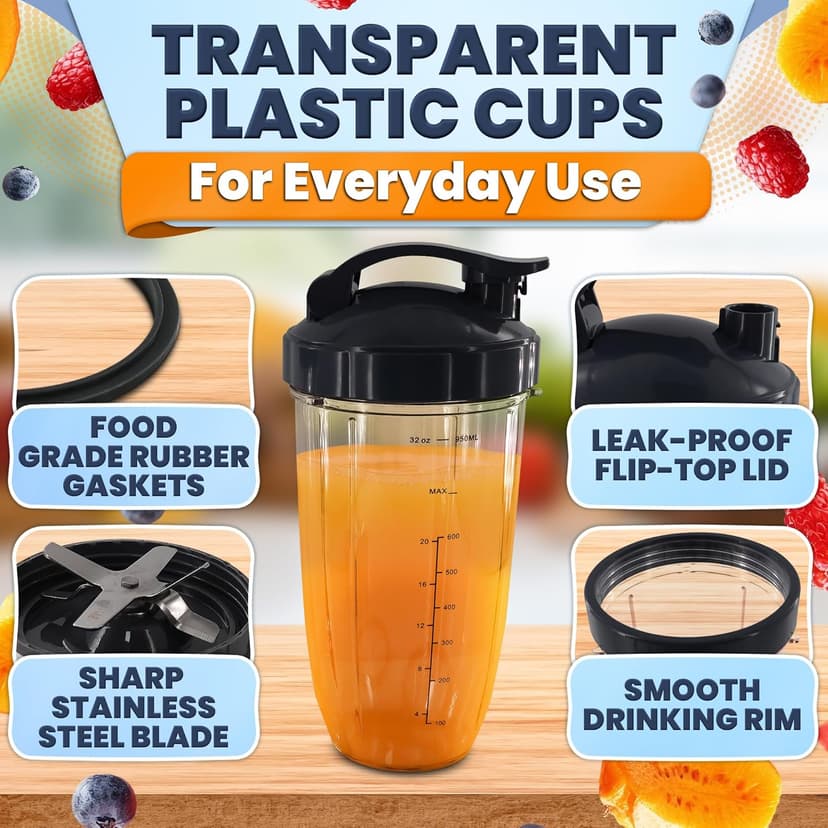 Bullet Blender Cups 32 oz - 7 PCs Blender Cup Replacement Set Compatible with 600W and Pro 900W High-Speed Systems - Stainless Steel Extractor Blade for Mixing, Smoothies, Juicing, and More