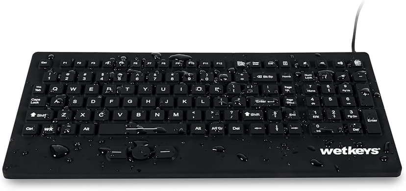 WetKeys "Rugged-Point Industrial-Grade Heavy-Duty Full-Size Washable Keyboard with Track-Pointer and ON/Off Switch (USB) (Black) | KBWKRC105SPi-BK