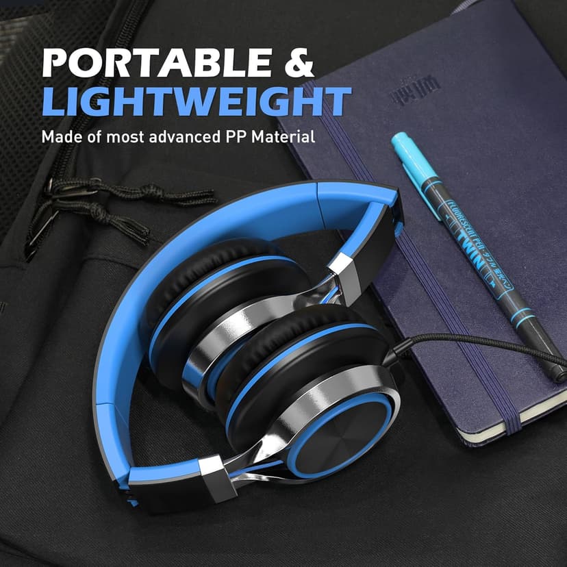 AILIHEN C8 Headphones Wired, On-Ear Kids Headphones with Microphone and Volume Control Foldable Corded Stereo 3.5mm Headset for School Teens Smartphones Chromebook Laptop Tablets Travel (Black Blue)