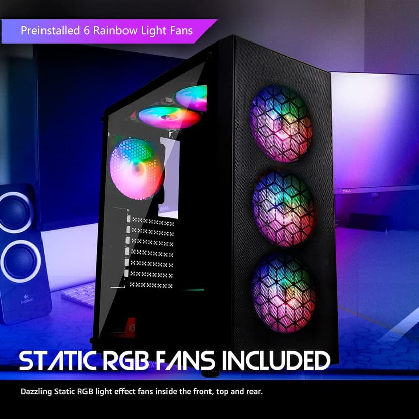 Raidmax X921 Mesh Airflow and Tempered Glass Gaming PC Case with Fans, Pre-Installed 6 Static RGB Color Fans, ATX Mid Tower PC Case, Black, Support ATX, Micro ATX, Water Colling