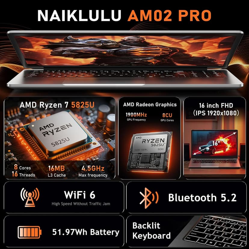 2025 Gaming Laptop 16 Inch Laptop Computer with AMD Ryzen 7 5825U Processor, 16GB DDR4, 1T SSD, FHD Display 1920*1080P, Windows 11 PRO, WiFi 6, Backlit Keyboard HDMI, for Student, Office, Business