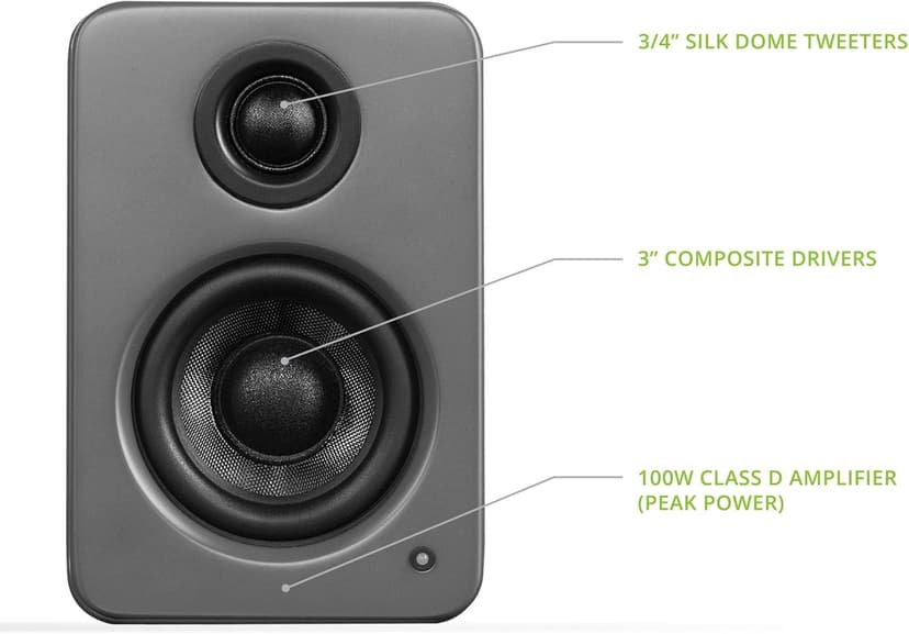 Kanto YU2MG PC Gaming Desktop Speakers | 3" Composite Drivers | 3/4" Silk Dome Tweeter | Class D Amplifier | 100 Watts | Built-in USB DAC | Subwoofer Output | Pair | Matte Grey