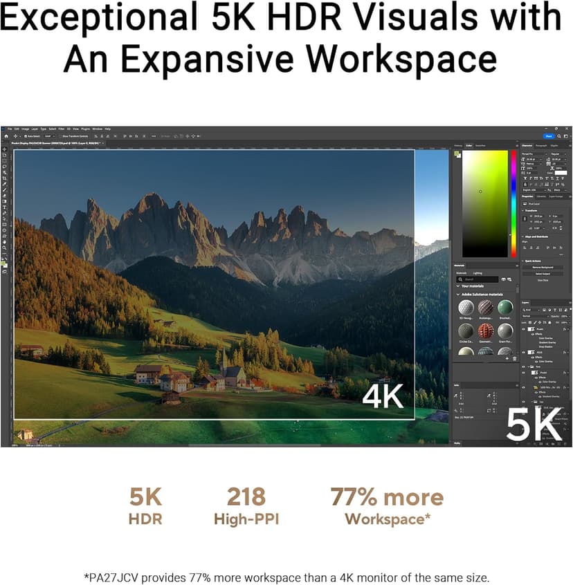 ASUS ProArt Display 27” 5K HDR Professional Monitor (PA27JCV) - 5K (5120 x 2880), IPS, 99% DCI-P3, 100% sRGB, ΔE < 2, USB-C PD 96W, Calman Verified, Color Accurate, Auto KVM, LuxPixel, 3 yr Warranty