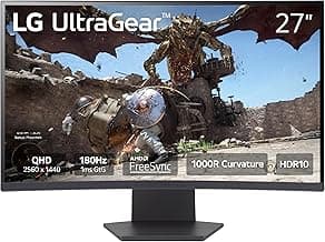 LG 27GS60QC-B Ultragear Curved Gaming Monitor 27-Inch QHD (2560x1440) 180Hz 1ms 1000R AMD FreeSync HDR10 HDMIx2 DisplayPort Borderless Design Black Stabilizer DAS Crosshair FPS Counter - Black