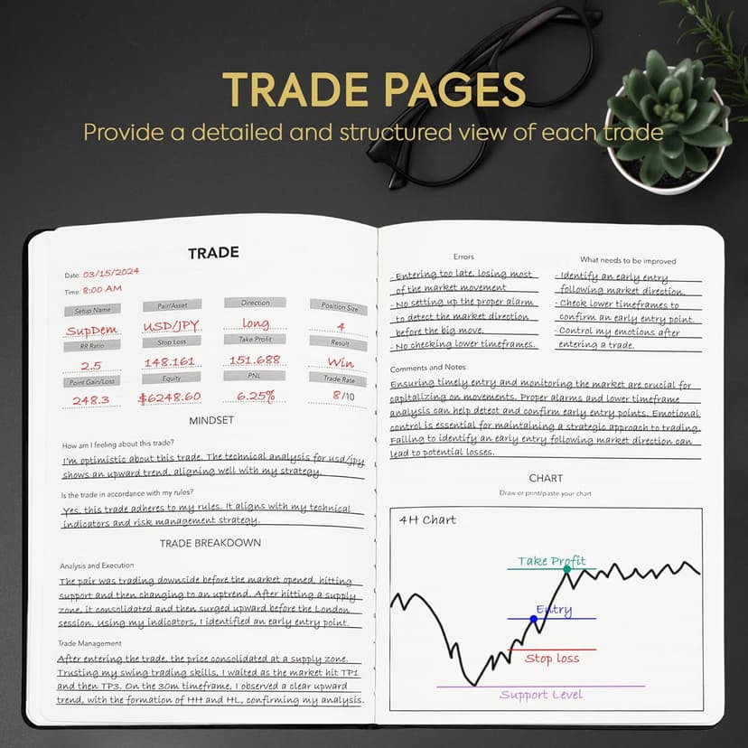 My Trading Journal - Premium Log Book for Stock Market, Forex, Options, Crypto - Guided Trading Journal with 80 Trades, 8 Review Sections - Ideal for Day Traders, Swing Traders, Position Traders