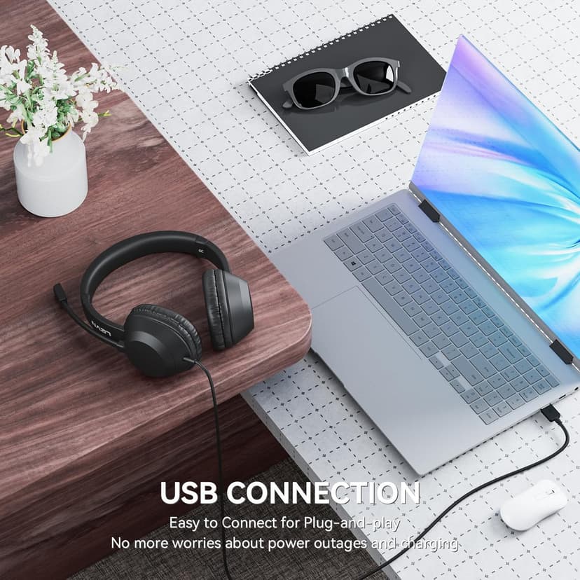LEVN Headset with Mic, USB Headset with Microphone for PC, Headphones with Mic for Pc with Noise Canceling Microphone for Laptop, USB Headphones for Work from Home/Call Center/Open Office, Black