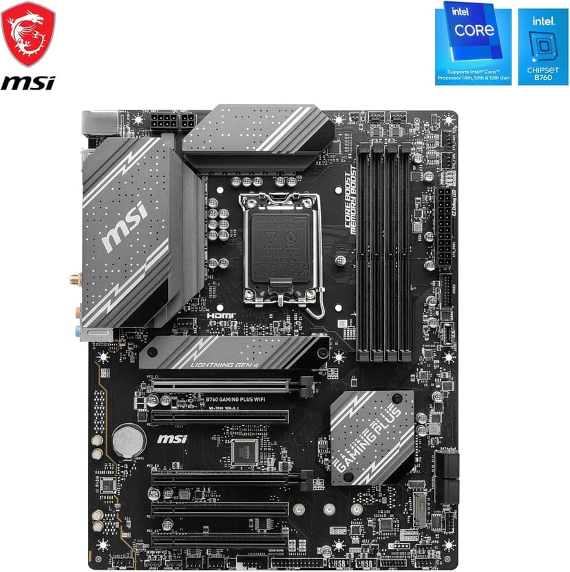 MSI B760 Gaming Plus WiFi V1 Motherboard, ATX - Supports Intel 14th, 13th & 12th Gen Core Processors, LGA 1700 - DDR5 Memory Boost 6800+MHz/OC, 2 x PCIe 4.0 x16, 2 x M.2 Gen4, 2.5G LAN, Wi-Fi 6E