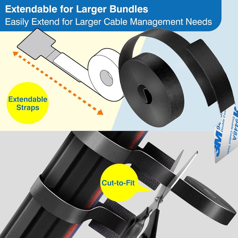 Cable Management Kit with 40 Self-Adhesive Hook and Loop Ties & 2 Extension Straps – 3M Sticky Cord Organizer for Under Desk, Home Office, Wall – Reusable Adjustable Nylon Wire Holders (Black)