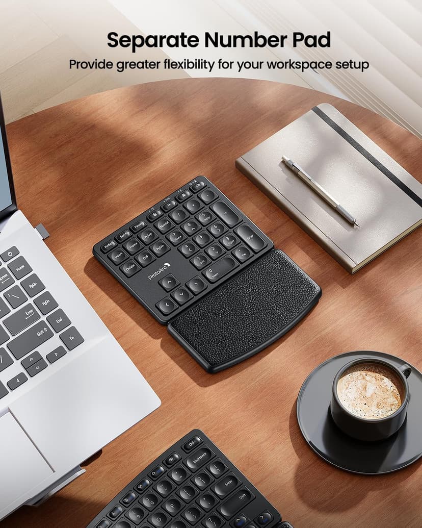 ProtoArc Wireless Ergonomic Keyboard, EK04 2.4GHz Wireless Ergo Keyboard with Separate Numeric Keypad, Split Design, Wrist Rest, Rechargeable, for Windows, Desktop, PC, Laptop