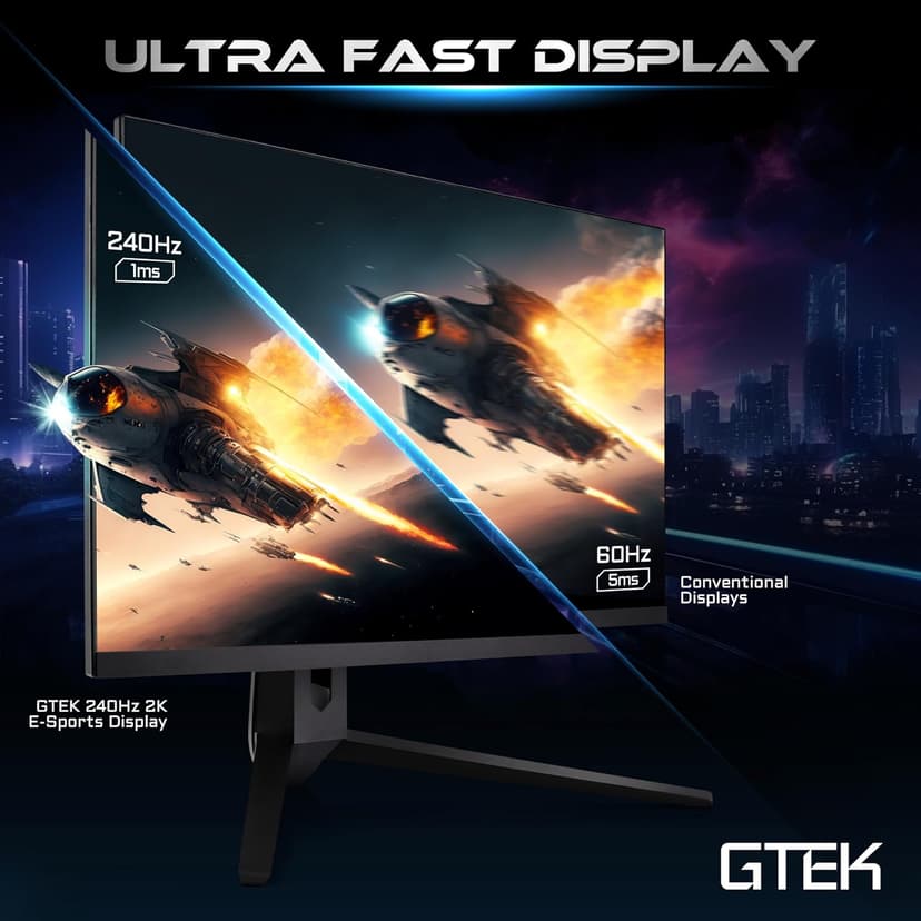 GTek 240Hz 2K Gaming Monitor, 27 Inch Display Full WQHD 2560 x 1440P, Extreme Low Motion Blur, Fast IPS 1ms MPRT, DisplayPort/HDMI, VESA - Q2740P