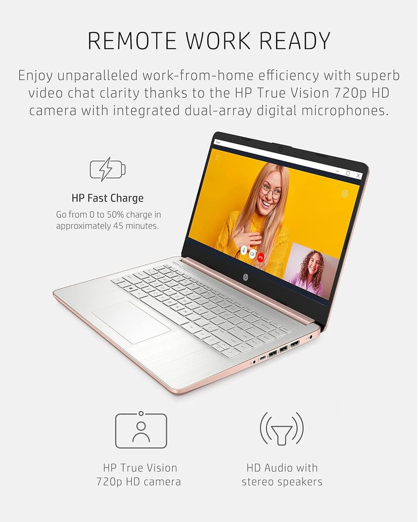 HP 14 Laptop, Intel Celeron N4020, 4 GB RAM, 64 GB Storage, 14-inch Micro-edge HD Display, Windows 11 Home, Thin & Portable, 4K Graphics, One Year of Microsoft 365 (14-dq0030nr, Pale Rose Gold)