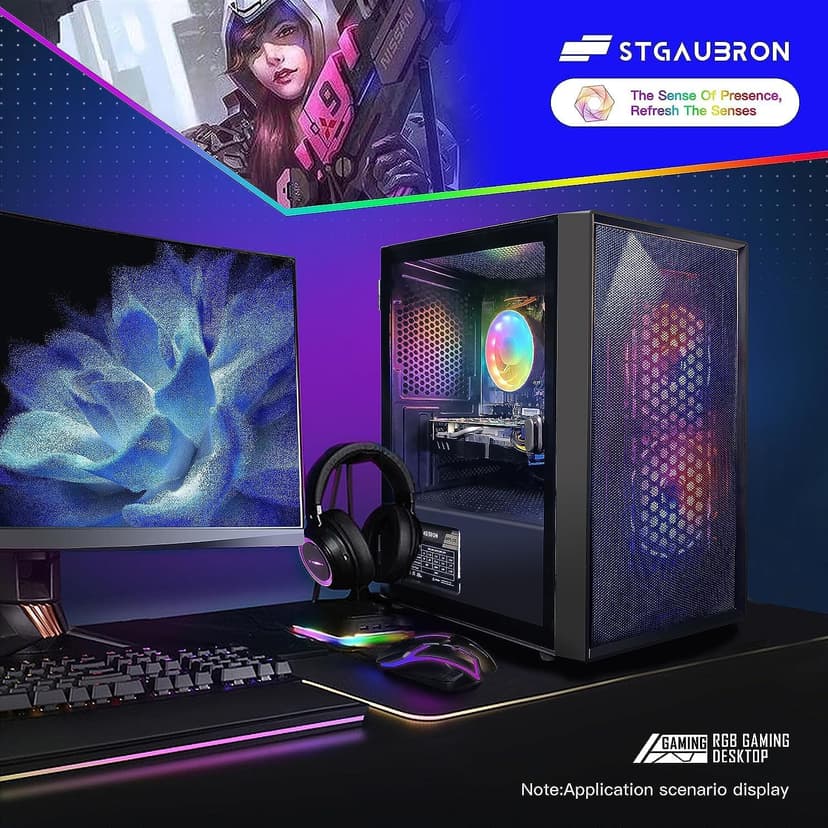 STGAubron Gaming PC, GeForce GTX 1660 Super 6G, Intel Core i3-10100F up to 4.3G, 16G DDR4, 1T SSD, WiFi, BT 5.0, RGB Fan x3, RGB BT Sound Bar, RGB BT Gaming Mic, Windows 11 Home