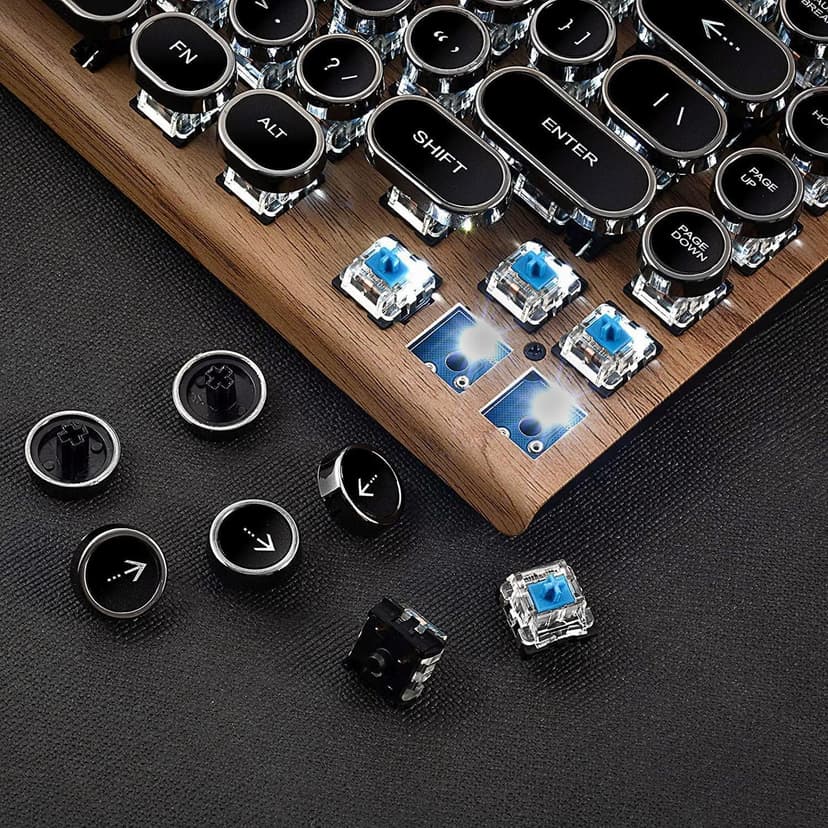 Adventurers Typewriter-Style Retro Mechanical Keyboard LED Backlight 83 Keys Bluetooth 5.0 Blue Axis Wood Color Panel Compatible with iOS/Android/Windows/Vista/Linux/Mac Office/Gaming, 12.8x6.6x1.6in