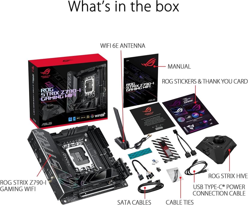 ASUS ROG Strix Z790-I Gaming WiFi Intel® Z790 LGA 1700 Mini-ITX motherboard, 10 + 1 power stages, DDR5, two M.2 slots, PCIe® 5.0, WiFi 6E, Thunderbolt™ 4, and USB 3.2 Gen 2x2 Type-C®