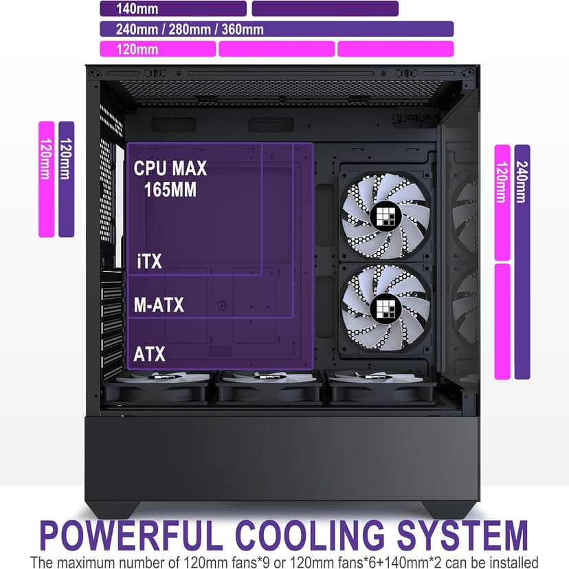 PC Case - Pre-Installed 6 PWM ARGB Fan, ATX Mid-Tower Gaming PC Case,Type-C, FOIFKIN (Black, F1)