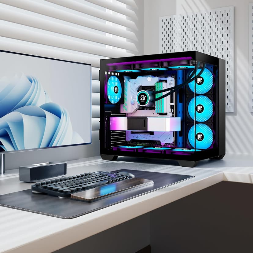 F600 PC Case - Pre-Installed 7 PWM ARGB Fan, ATX Mid-Tower Gaming PC Case, 270° Panoramic Glass with Type-C, FOIFKIN (Black, F600)