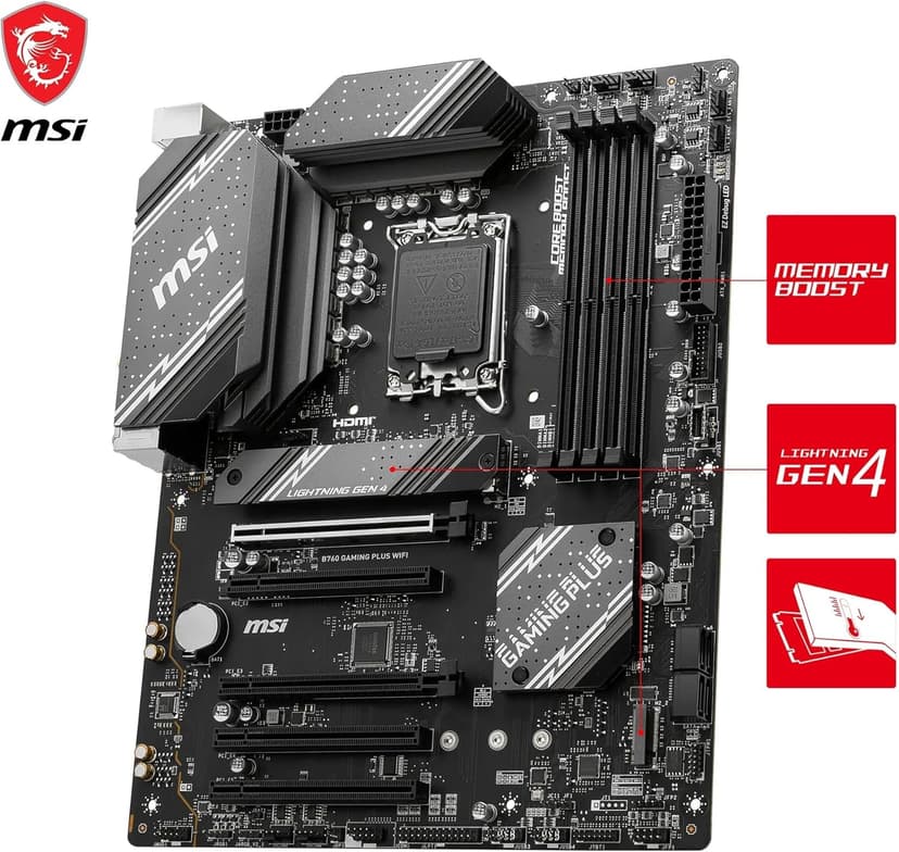 MSI B760 Gaming Plus WiFi V1 Motherboard, ATX - Supports Intel 14th, 13th & 12th Gen Core Processors, LGA 1700 - DDR5 Memory Boost 6800+MHz/OC, 2 x PCIe 4.0 x16, 2 x M.2 Gen4, 2.5G LAN, Wi-Fi 6E