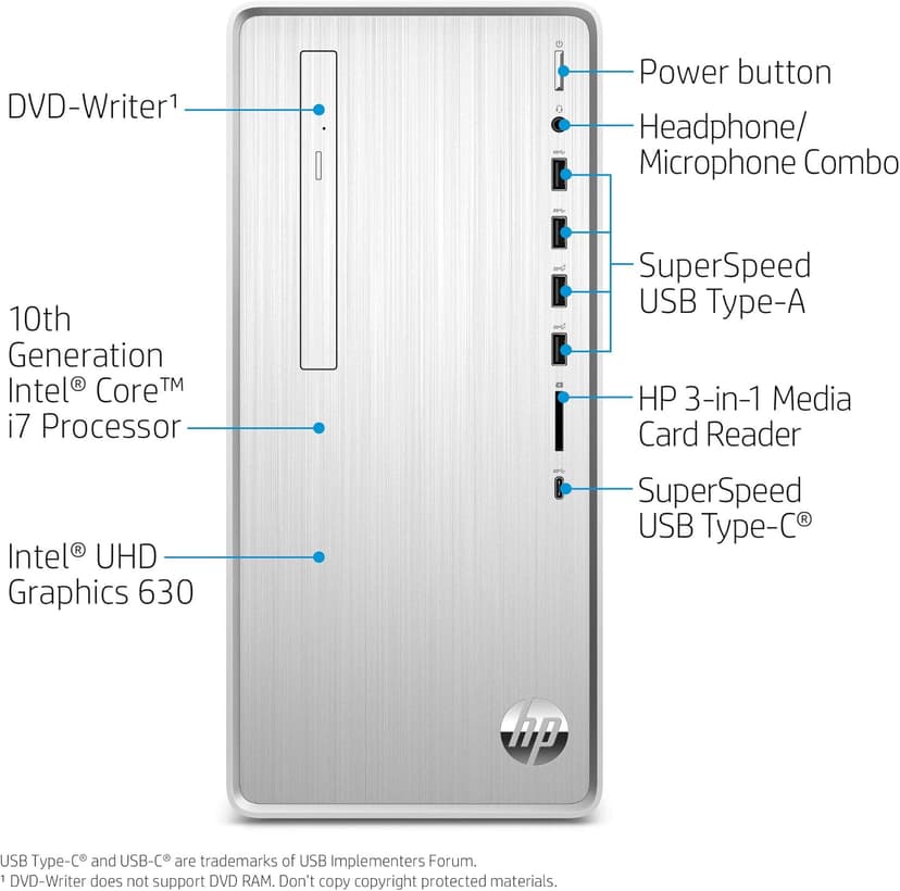 HP Pavilion Desktop, 10th Gen Intel Core i7-10700 Processor, 16 GB RAM, 1 TB hard drive + 256 GB SSD, Windows 10 Home (TP01-1070, Silver)