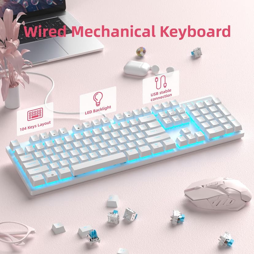 MageGee Mechanical Gaming Keyboard, Wired USB Adjustable Backlight Keyboard, New Mechanical Storm 100% Anti-ghosting Keyboard with Blue Switches for Windows PC/MAC Games (White)