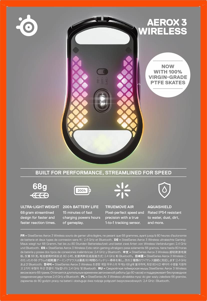 SteelSeries Aerox 3 Wireless - Holey RGB Gaming Mouse - Ultra-lightweight Water Resistant Design - 18K DPI TrueMove Air Optical Sensor- Onyx
