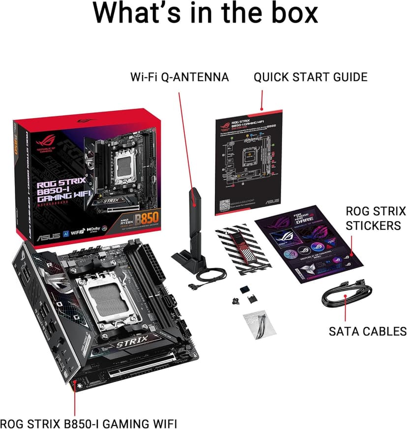 ASUS ROG Strix B850-I Gaming WiFi AMD AM5 B850 Mini-ITX mITX Motherboard 10+2+1 Stages, DDR5, 2.5G LAN, WiFi 7, 2X M.2, PCIe® 5.0 x16, USB 20Gbps Type-C®, AI Overclocking, AI Networking II, Aura Sync