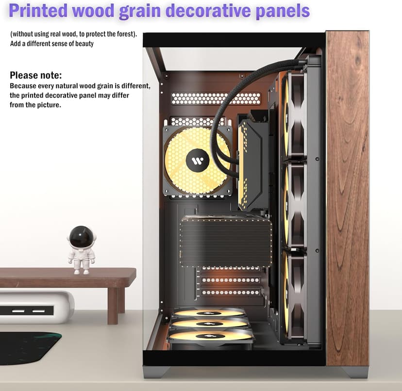 KEDIERS PC CASE ATX 6 PWM ARGB Fans Pre-Installed, Mid Tower Computer Case with Full-View Tempered Glass, Type-C,Printed Walnut Wood Panels,Support 360mm Radiator,Black Gaming Case (P7)