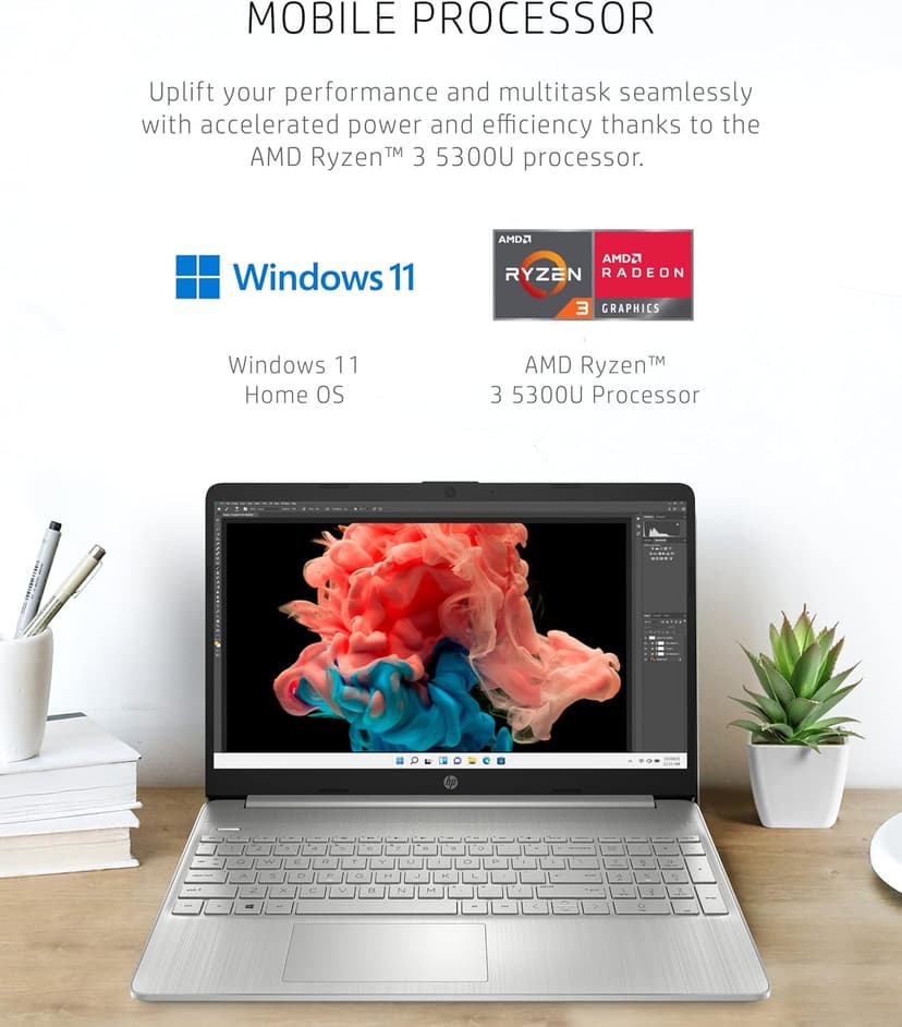 HP 15 Laptop, AMD Ryzen 3-5300U Processor, 8 GB RAM, 256 GB SSD Storage, 15.6-inch HD Micro-Edge Display, Windows 11 Home, Long-Lasting Battery, Fast Charge, 720p Webcam (15-ef2024nr), Natural silver
