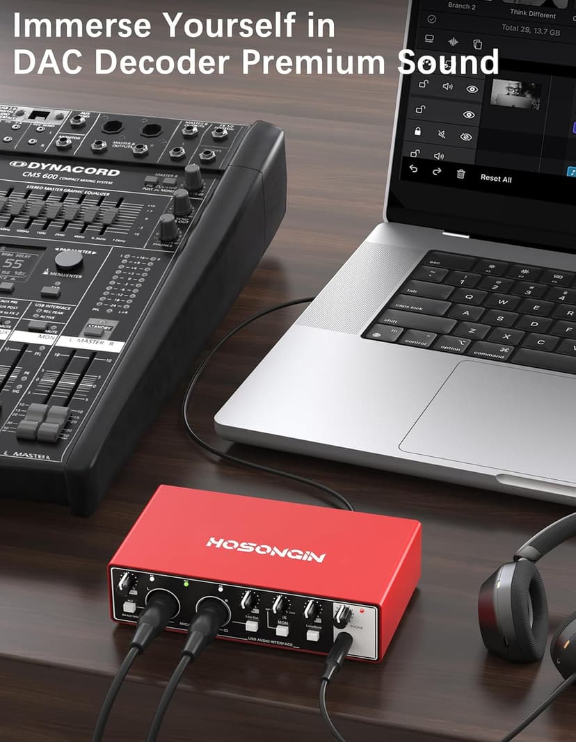 HOSONGIN 2i2 USB Audio Interface for Beginners - 24Bit/192kHz, 48V Phantom Power, Plug & Play Recording for Podcast/Vocals/Guitar/Youtube, PC/Mac/iOS Compatible (Red Metal)