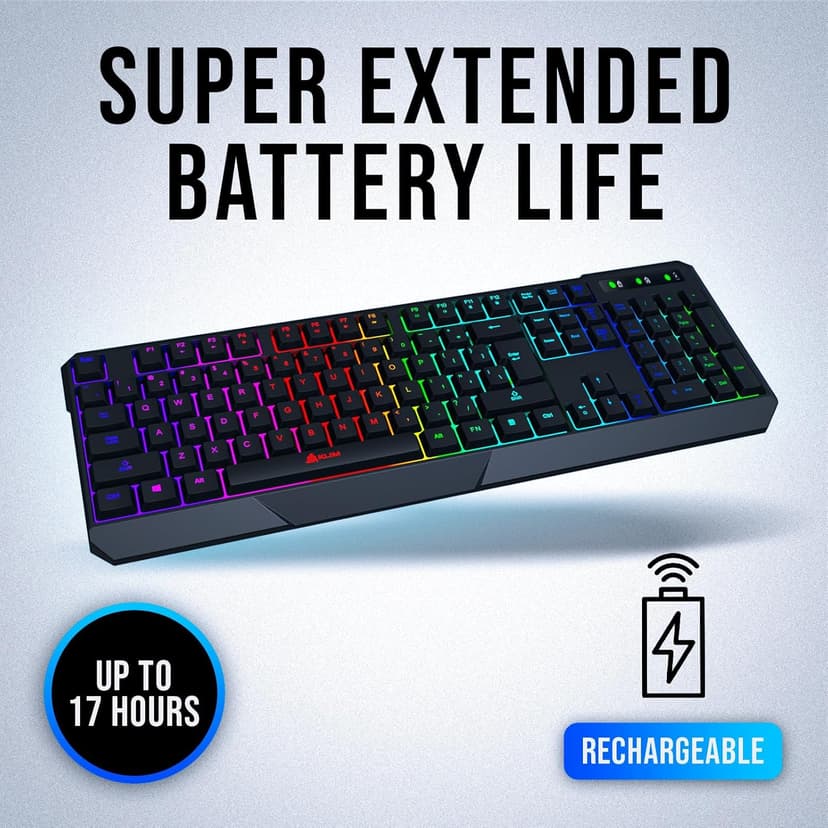 KLIM Chroma Wireless Gaming Keyboard RGB New - Long-Lasting Rechargeable Battery - Quick and Quiet Typing - Water Resistant Backlit Wireless Keyboard for PC PS5 PS4 Mac - Black