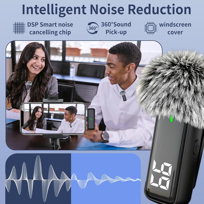 Wireless Microphone for iPhone Android with Charging Case - USB C Lavalier Phone Microphone for Video Recording Noise Cancelling Clip On Mini Mics Intuitive Battery Display