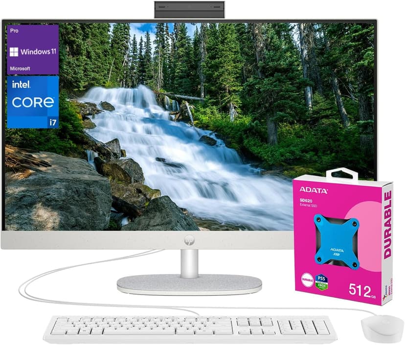 HP 27 i7 Business All in One Desktop, 27" FHD, Intel i7-1355U, 64GB RAM, 2TB SSD, Wired Keyboard & Mouse, IR Camera, HDMI, Wi-Fi 6, Windows 11 Pro, White with ADATA 512 External SSD Bundle
