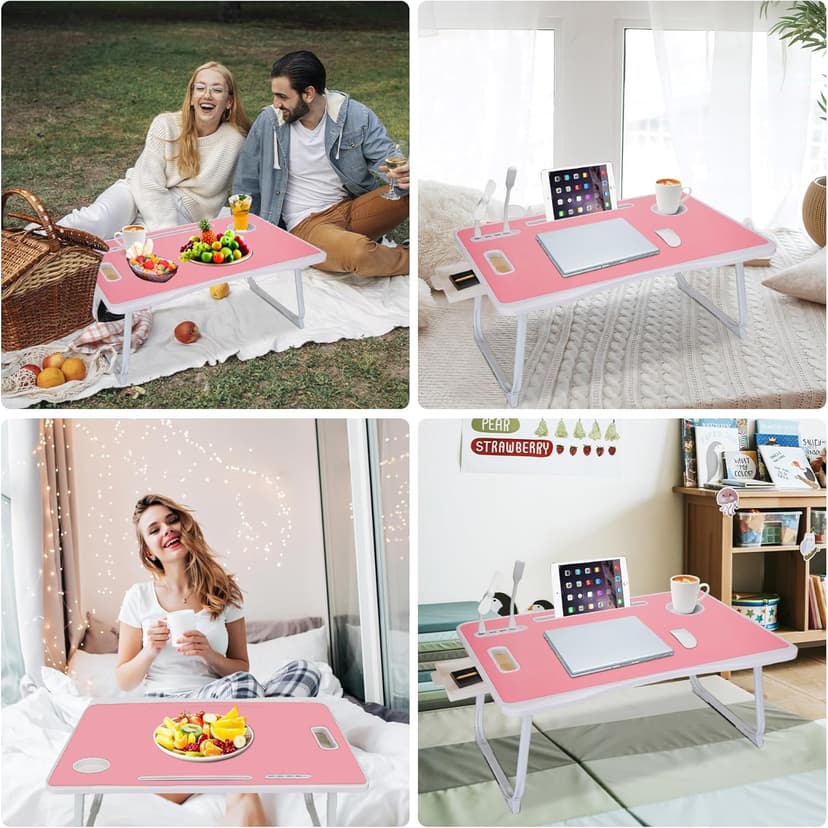 Laptop Bed Table, Laptop Desk for Bed, Foldable Laptop Bed Desk with USB Charge Port, Handle, Desktop Card Slot, Cup Slot, Side Drawer, Portable Laptop Table for Eating Reading Working