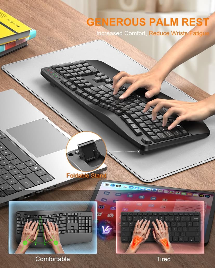 EDJO Ergonomic Wireless Keyboard with Wrist Rest, Wave Keys, for Large Hands, 2.4GHz Full Size Ergo Cordless USB Computer Keyboard, Comfortable Natural Typing, for Laptop, Mac, Windows (Black)